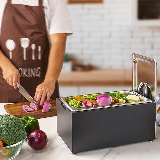 Art Secret 1.6 Gal Kitchen Countertop Compost Bin, Smell Proof Insert with Pine Wood Box (Gray)