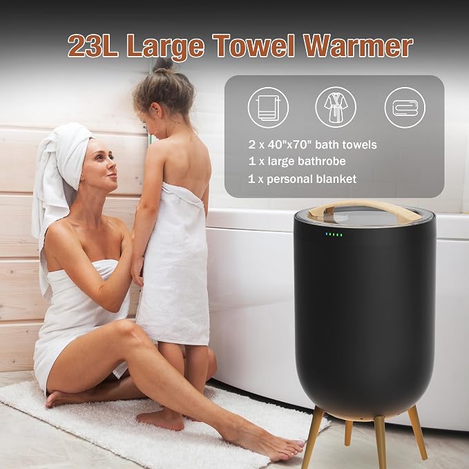 Luxury Towel Warmer Bucket, 23L Large Towel Warmers for Bathroom, with Stand, Ambient Light, Auto Shut Off, Relaxation Mode, Fits Three 40"x70" Towels, Bathrobes, Blankets, Great Gift Idea - Black