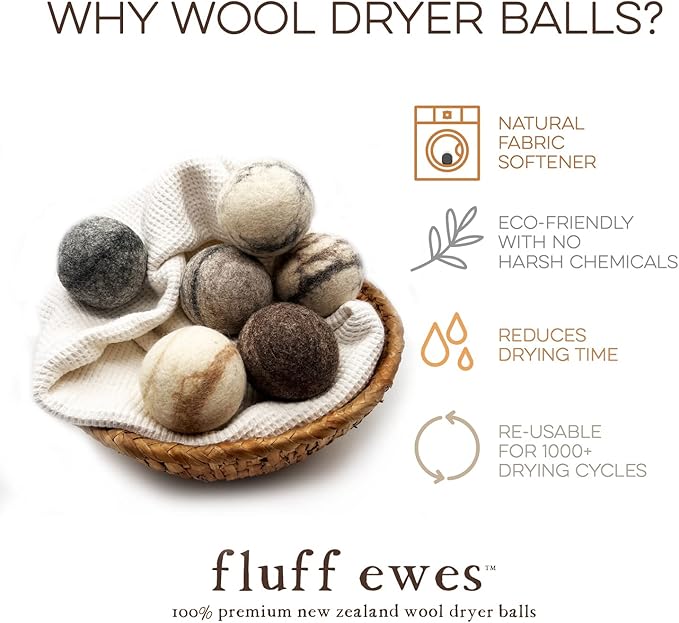 Fluff Ewes Premium Handmade New Zealand Reusable Wool Dryer Balls for Laundry & Baby + Ewe Dew Home Fragrance Aromatherapy Dryer Ball Essential Oil Blend, 2 Pack, Marble 6 Pack + Cottontail 0.5oz