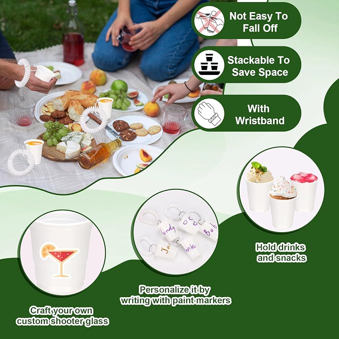 30 Pcs White Shot Cups with Wristband for Party 2oz Plastic Shot Glasses Bulk Disposable Mini Shot Glasses with Bracelet Wear On Solo Cups for Wedding Graduation Party Beer Taste Serving Birthday