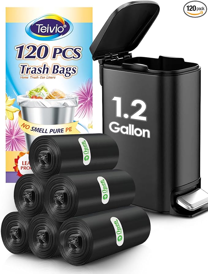 1.2 Gallon 120 Counts Small Trash Bags Garbage Bags, Bathroom Trash Can Bin Liners, Small Plastic Bags for home office kitchen, fit 5-6 Liter, 0.8-1.6 and 1-1.5 Gal, Black