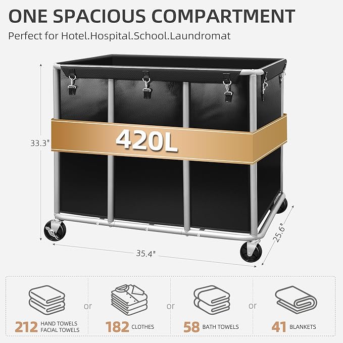 STORAGE MANIAC Commercial Laundry Cart with Wheels, 420L Black | Heavy Duty 400 lbs Load, Rust-Resistant Steel Frame, Waterproof Removable PVC Tarpaulin Liner, Hotel, Hospital Industrial Use