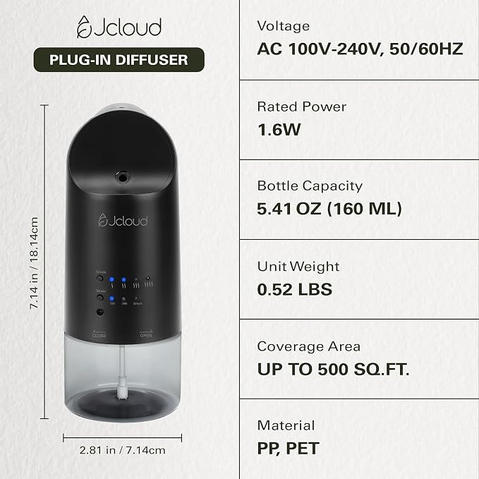 JCLOUD 2025 Plug in Diffuser | Cover Up to 500 Sq. Ft. for Home, Office, Spa – Portable Smart Wall Diffuser 160ML, Black with White Tea Essential Oil | Hotel Scent - 100ml