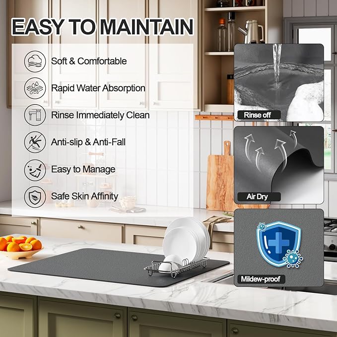 Ecotrim - Dish Drying Mat for Kitchen Counter | Coffee Bar Mat for Countertops | Heat Resistant Drainer Mat with Non-slip Rubber Backed | Hide Stain Kitchen Absorbent Draining Mat | Dark Grey 16"x24"