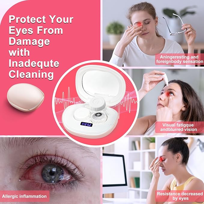 Contact Lens Cleaner, Portable Ultrasonic Contact Lens Cleaning Machine with USB Charger, LED Timer Display & 5 Contacts Solution Cases Kit for Soft Hard Colored RGP Lenses (Pink)