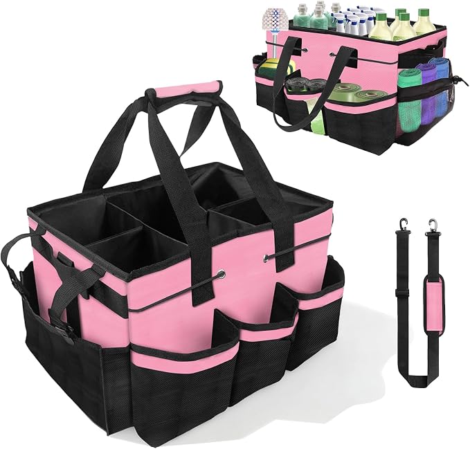 Large Cleaning Caddy Bag – Cleaning Supply Organizer Bag with Handle & Adjustable Shoulder Strap for Housekeepers, Professional Home, Apartment & Office Cleaning, Soft Portable Tote (Pink)