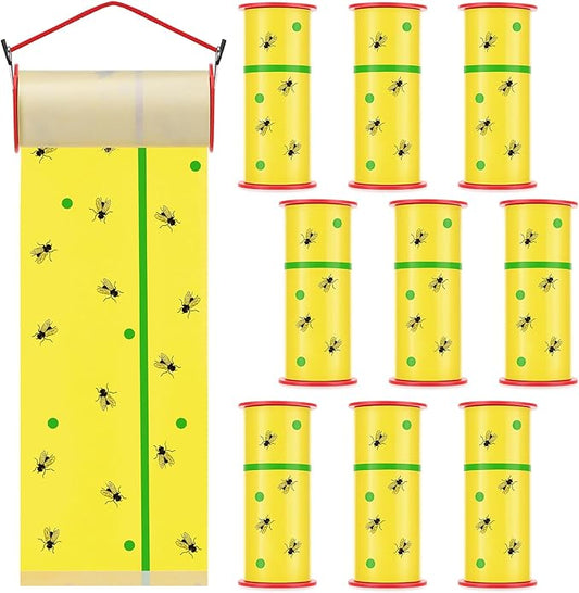 10 Rolls Fly Strips Tape 30 ft Each Fly Paper Traps Indoor Outdoor Sticky Hanging Spotted Lanternfly Tree Tape for Fruitfly Plant Barn Stable(Fluorescent Yellow,Green Lines)