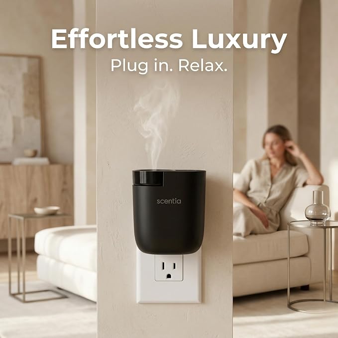 Scentia Waterless Plug-in Scent Diffuser for Home & Office with App Control, Cold-Air Diffuser, 600 Sq Ft Coverage, Hotel-Inspired Essential Oil Blend Included, Housewarming Gift – Scentia, Black