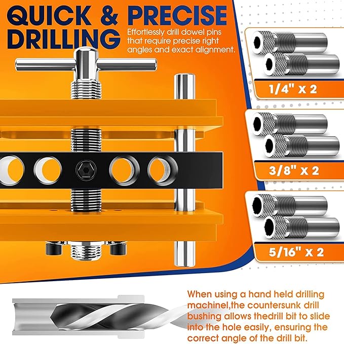 Self Centering Dowel Jig Kit,Jig Drill Guide Bushings Set,Wood Working Tools Drill and Accessories,Dowel Jigs Woodworking Tools Tools for Men (Orange)