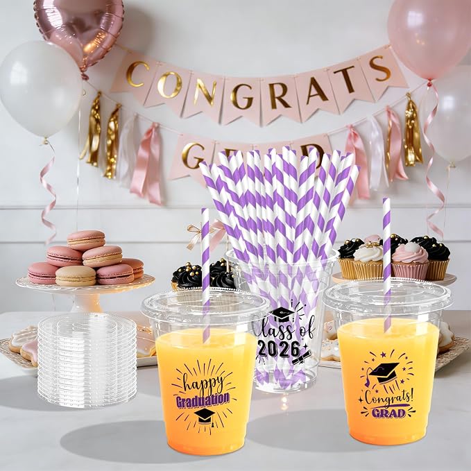 50 Pack Graduation Plastic Cups with Lids Straws 12 oz Purple Disposable Class of 2026 Decorations Graduation Party Favor Drinking Beverage Cup for Party Supplies Decorations