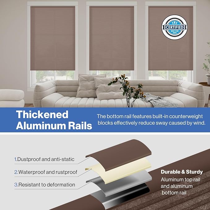 No Drill Cellular Shades, Brown Custom Size Cordless Light Filtering Pull Down Pleated Honeycomb Blind Thermal Insulated Easy Install for Indoor Window Bedroom Living Room Kitchen Door