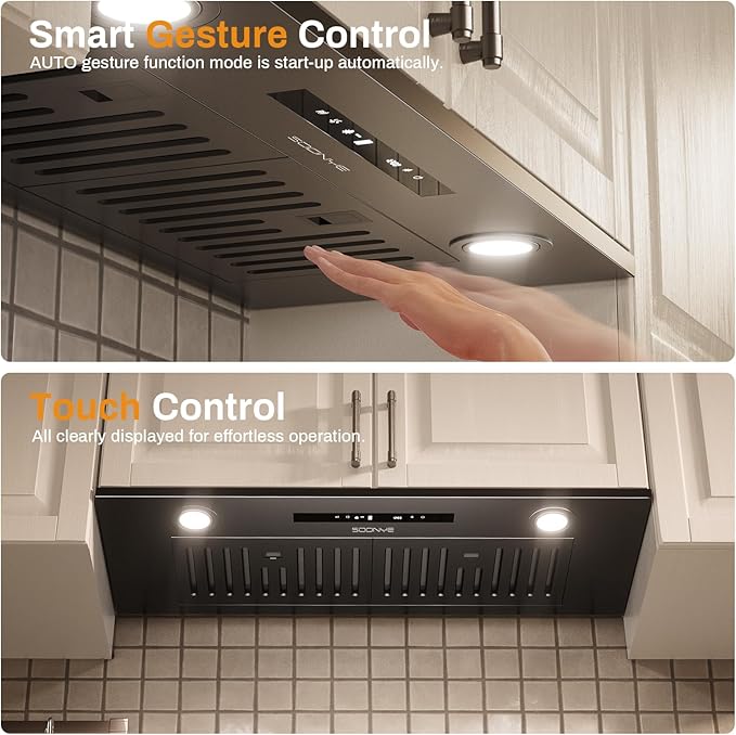 30 Inch Range Hood Insert, 600 CFM Convertible Ducted/Ductless Matte Black Hood with Touch and Gesture Controls, 3-Speed Fan, LED Lights, Baffle & Carbon Filters
