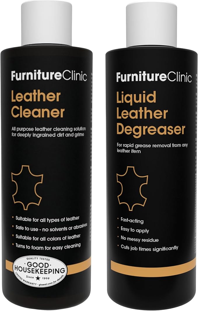 Furniture Clinic Leather Cleaner 8.5 Fl Oz + Leather Degreaser 250ml | Professional Oil & Grease Stain Remover + Everyday Cleaner | All-Purpose Cleaning Solution for Couches, Car Seats, Purses, Shoes