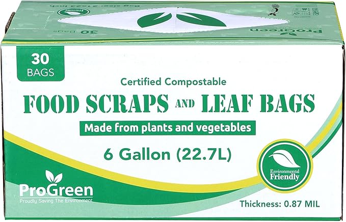 Compostable Trash Bags, Extra Thick, Compost Kitchen Bin Bags, Food Scraps Yard Waste Bags, ASTM D6400 BPI and TÜV AUSTRIA Certified (6 Gallon, Pack of 30)