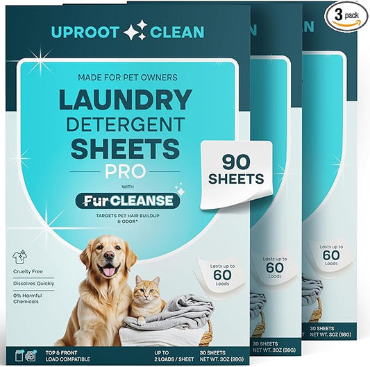 Uproot Clean Laundry Sheets Pro - 90 Pack - Fragrance-Free: Mineral-Powered Laundry Detergent Sheets Unscented - Eliminate Clinging Fur, Pet Odors, & Messy Residue - Up to 180 Loads