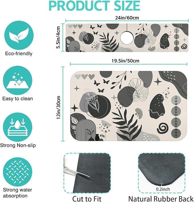 Dish Drying Mat for Kitchen Counter Matt, 2PCS 19"x12" Dish Drainer Mat & 24"x5.5" Sink Splash Guard, Super Absorbent Non-slip Rubber Backed
