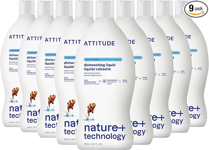 ATTITUDE Dish Soap, EWG Verified, Plant-Based & Vegan Dishwashing Liquid, Naturally Derived, Wildflowers Scent, 23.7 Fl Oz (Pack of 9)