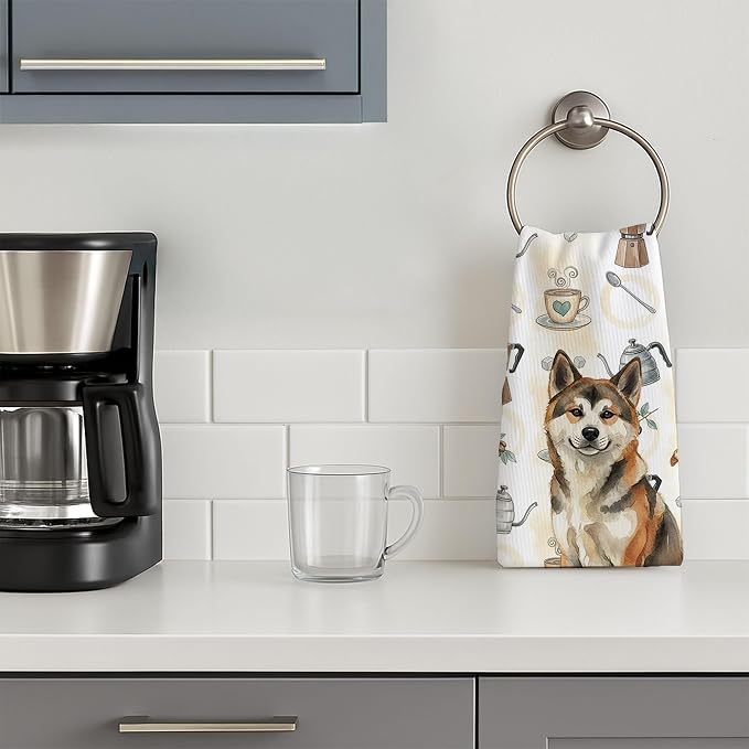 Caroline's Treasures Sesame Akita Coffee Bar Kitchen Towel Velour Plush Front and Cotton Loop Back Machine Washable