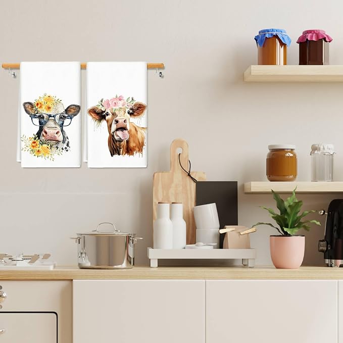 JarThenaAMCS Floral Cow Kitchen Towel 18 x 28 Inch Cute Cow Print Dishcloth Watercolor Decorative Hand Drying Tea Towel for Baking Cooking Cleaning Party Supplies, 6Pcs