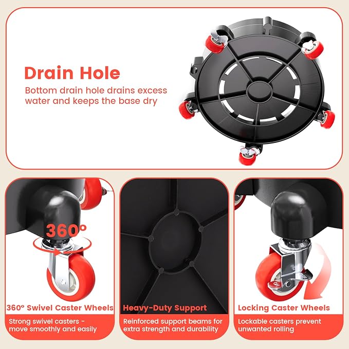 2Pcs 11 Inch Bucket Dolly, Removable Rolling Bucket Dolly, 5 Gallon Car, with 5 Heavy Duty Wheel Casters, 360°Rolling, Connectable, Locking, for Car Wash & Auto Detailing,Bearing 300lb,Black