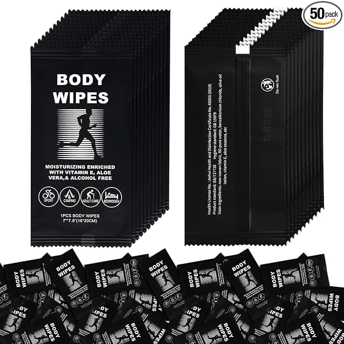 Body Wipes for Women and Men Individually Wrapped Face and Body Wipes, Bath Wipes for Adults No Rinse Personal Cleansing Wipes Travel, Bulk Deodorant for Homeless Shower Wipes for Camping Hiking (50)