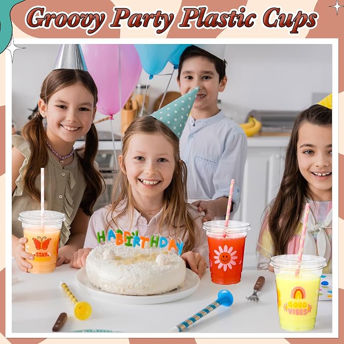 Blushtier 300 Pcs Groovy Disposable Plastic Cups with Lids and Straws 12oz Groovy Party Favors Supplies Boho Retro Hippie Clear Drinking Cups for Party