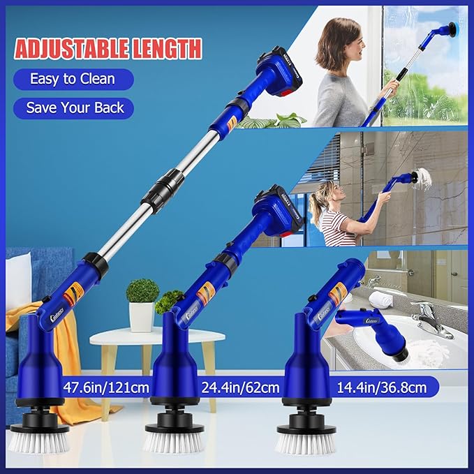 2 Batteries Electric Cleaning Brush for Bathroom, 1200RPM Power Cordless Spin Scrubber with 6 Replaceable Brush Heads and Telescopic Handle, 2 Speeds for Shower Bathtub Kitchen Window Car