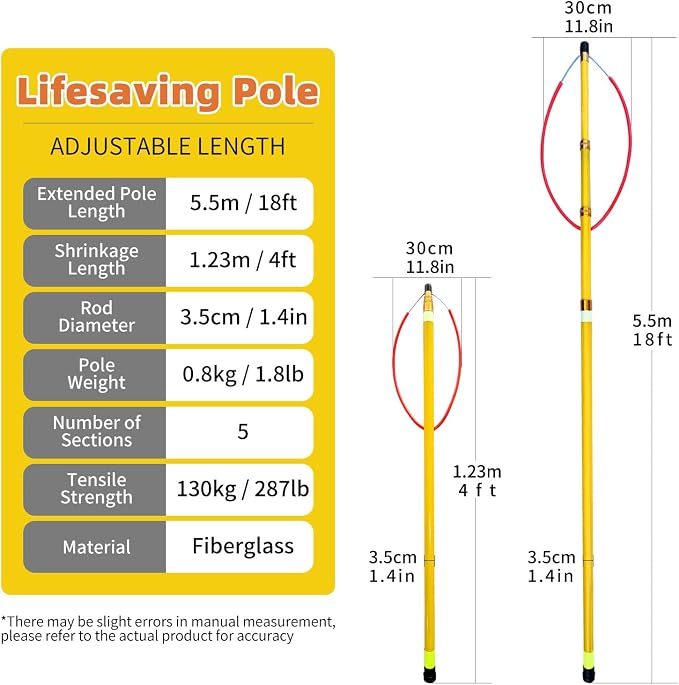 18ft Telescopic Pool Rescue Hook | OSHA Water Rescue Pole & Emergency Hook with Night Glow | Fiberglass Pool Safety Pole for Home/Water Parks