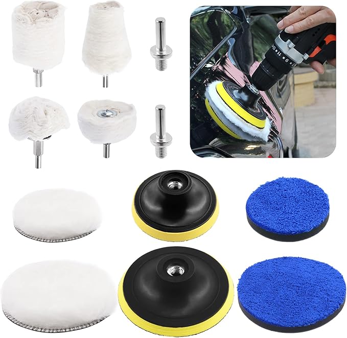 10Pcs Polishing Wheel Wool Buffing Pad Microfiber Pads Assortment Kit Includes 4 Cotton Buffing Wheels, 3 Inch 5 Inch Polishing Pad for Drill Buffer Attachment for Polishing and Buffing