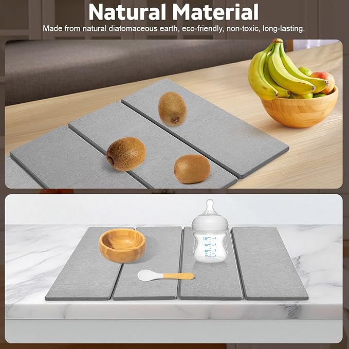 Large Stone Dish Drying Mat for Kitchen Counter, Dish Drying Mat, Fast Water-Absorbing, Diatomaceous Earth Non-Slip Stone Mat, Multi-Purpose Foldable Dish Drying Stone Mat, 24"(L)×16"(W)