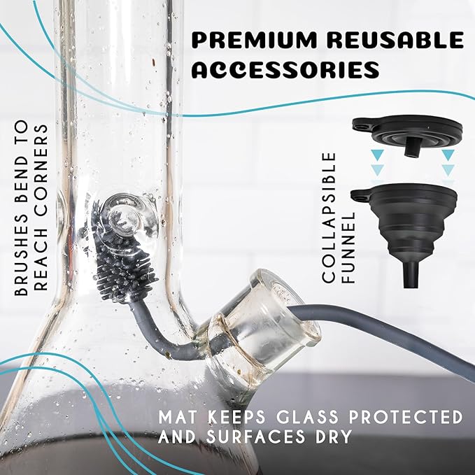 nugbuddy Glass Cleaning Kit - Reusable Silicone Accessories - Complete Kit to Clean your Piece, Just Add Cleaner - Reusable Soaker Bag, Brushes, Mat, Caps & Plugs, Funnel, & Microfiber Towel