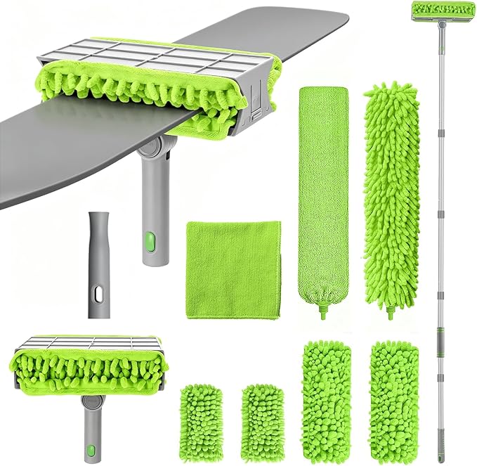 Cleaning Fan Duster Set with 72 Inch Extendable Handle, Reusable Crevice Fan Cleaner Brush, Cleaning Cloth, 4Fan Brush Cloths, Flat Duster for Under Appliances, Ceiling Fan Blade, Blinds, Baseboard