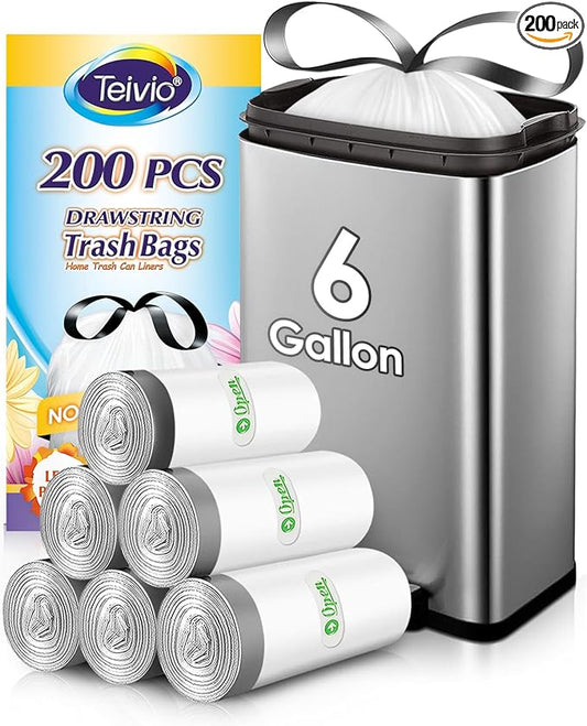 Teivio 6 Gallon 200pcs Strong Drawstring Trash Bags Garbage Bags, Bathroom Trash Can Bin Liners, Plastic Bags for home kitchen office, White