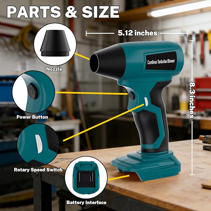 Cordless Dust Blower Compatible with Makita 18V Battery, Handhled Leaf Blower Electric Compressed Air Duster Turbo Jet Fan with Nozzles for Blowing Leaves and Dust(Battery Not Included)