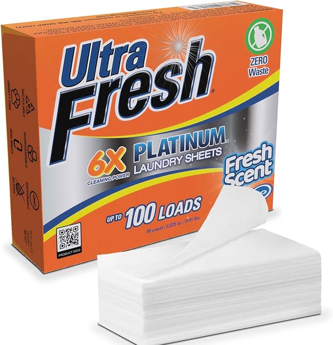 Ultra Fresh Platinum Fabric Softener, Scent Free, Up to 640 Loads, 5 Gallon Bundled with 2 Pack Platinum 6X Laundry Detergent Sheets with Fresh Scent