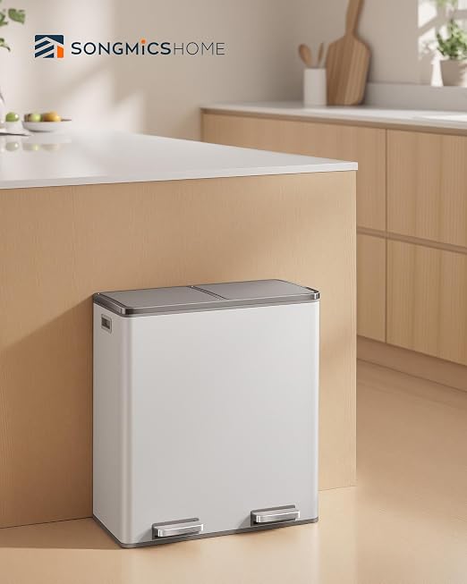 SONGMICS HOME Trash Can with 2 Compartments for Kitchen, Garbage Can with 15 Trash Bags, 2 x 8 Gallon (2 x 30 L), White