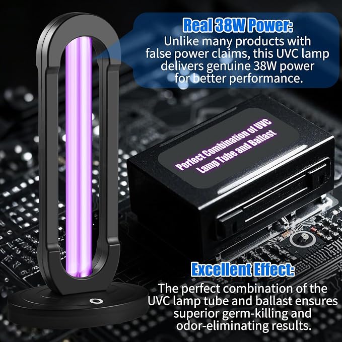 38W UV Light UVC Lamp | 265nm Air & Surface Refreshment | One-Piece Construction, 3-Stage Timer, Remote + Manual Control w/Buzzer | Avoid Exposure (Ozone Free)
