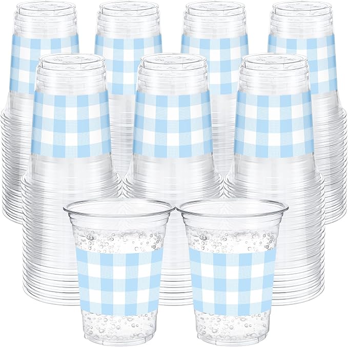 100 Pcs Blue Gingham Plastic Cups 12 oz Light Blue Checkered Plaid Disposable Plastic Drinking Cups Bulk for Baby Shower Wedding Birthday Christmas Party Decoration Supplies