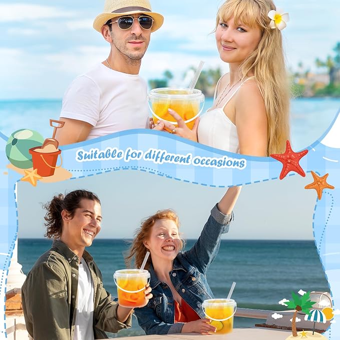 JarThenaAMCS 50 Sets Clear Plastic Cups with Lids & Straws 34 Oz Drink Bucket with Handle Disposable Cocktail Pails for Beach Pool Birthday Baby Shower Party Supplies