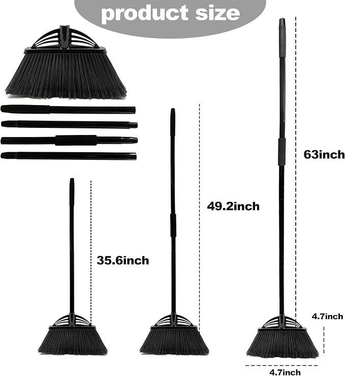 Four-Section Rod Long-Handled Broom,Heavy-Duty Broom, Angle Broom for Outdoor/Indoor（Black）