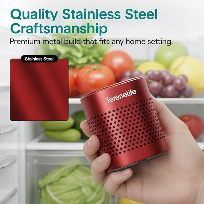 SereneLife Fridge Deodorizer & Odor Eliminator, Multi-Use Refrigerator Deodorizer Aluminum Pod for Freezer, Closet, Car, Shoes & Enclosed Spaces, Compact, Reusable & Lasts Up to 10 Years (Red)
