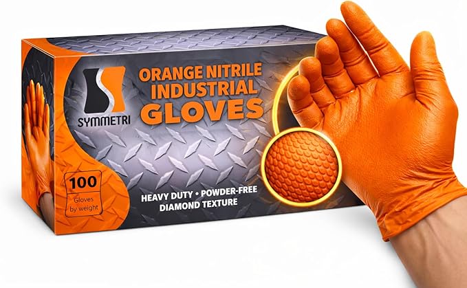 AroCare 8 Mil Orange Nitrile Gloves,3D Raised Diamond Texture-Latex & Powder Free-Industrial, Mechanic