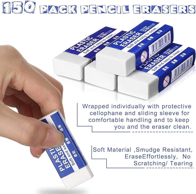 Yahenda 150 Pieces White Erasers Bulk Large Rubber Block Pencil Erasers for Drawing, Students, Teachers, Home, Office, Art Class, and More