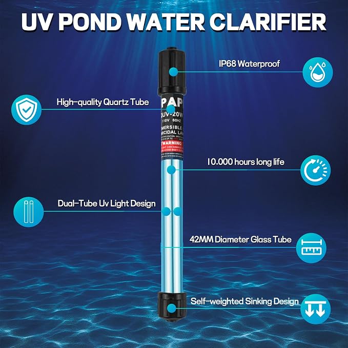 20W Pond UV Light for 100-1000 Gallon, Aquarium UV Water Clarifier for Koi Pond, Spas and Fish Tanks, Swimming Pools