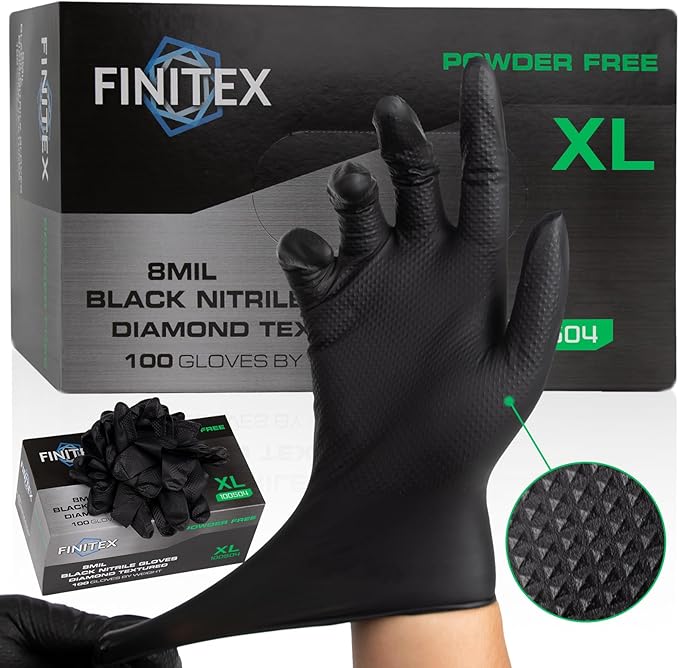 FINITEX Industrial Diamond Texture Nitrile Black Glove - 100/1000PCS Chemical Resistant 8mil Mechanic Disposable Gloves
