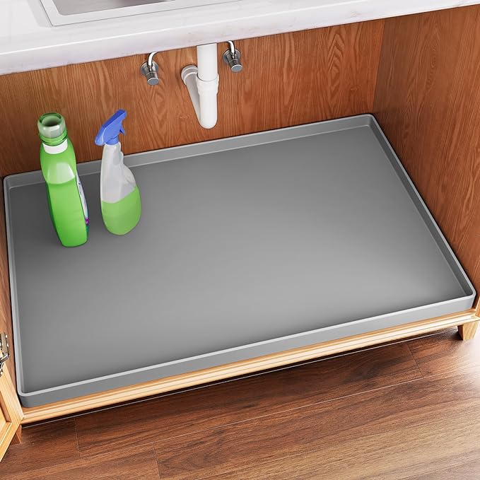 FLATO Waterproof Under Sink Mat 28" x 19" Shelf Liner for Kitchen and Bathroom, Cabinet Protector, Organizers and Storage, Flexible Silicone Drip Tray