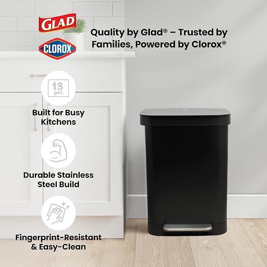 Glad 13 Gallon All Stainless Steel Trash Can with Clorox Odor Protection