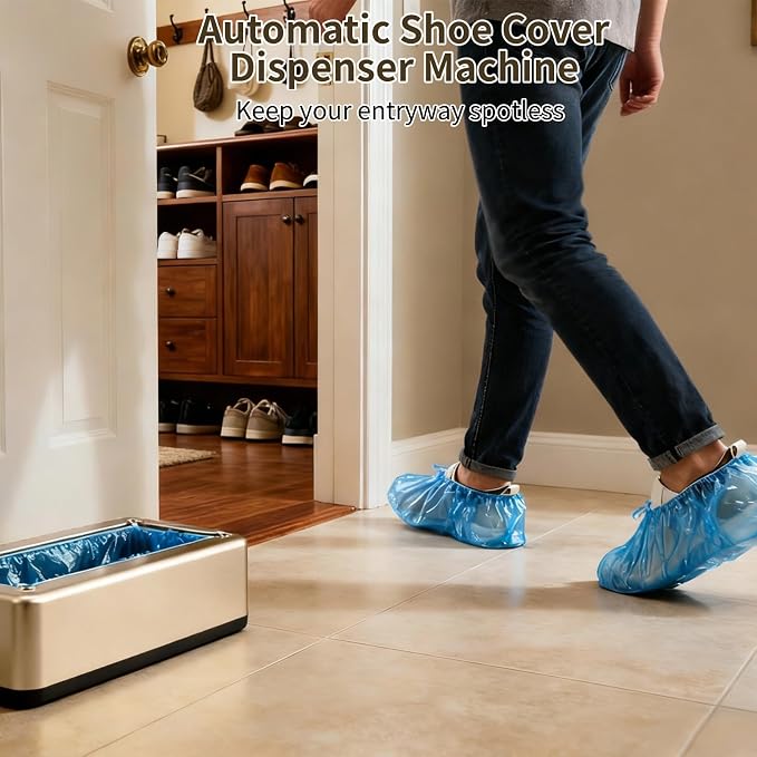 Automatic Shoe Cover Dispenser Machine, Including 100 Pcs Disposable Shoe Covers, Gold ABS Material, Suitable for Home, Laboratory, Factory & Indoor Use