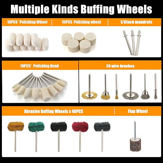 103 PCS Polishing Kit Compatible with Dremel Tools, 1” Mini Wire Brush Bits for Rotary Tool Accessories, Abrasive Buffing Wheels 120-800 Grit, 1/8 in Shank, Small Sanding Kit for Metal, Resin, Wood