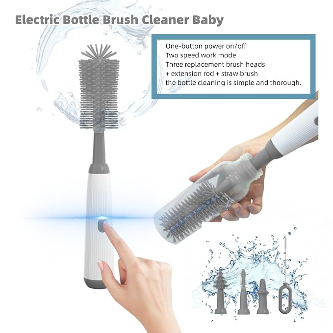 Electric Bottle Brush Set with Electric Bottle Brush Cleaner, 3 Replaceable Baby Bottle Brushes and Extension Handle. Silicone Bottle Brush, Waterproof, Perfect Baby Essentials(Grey)
